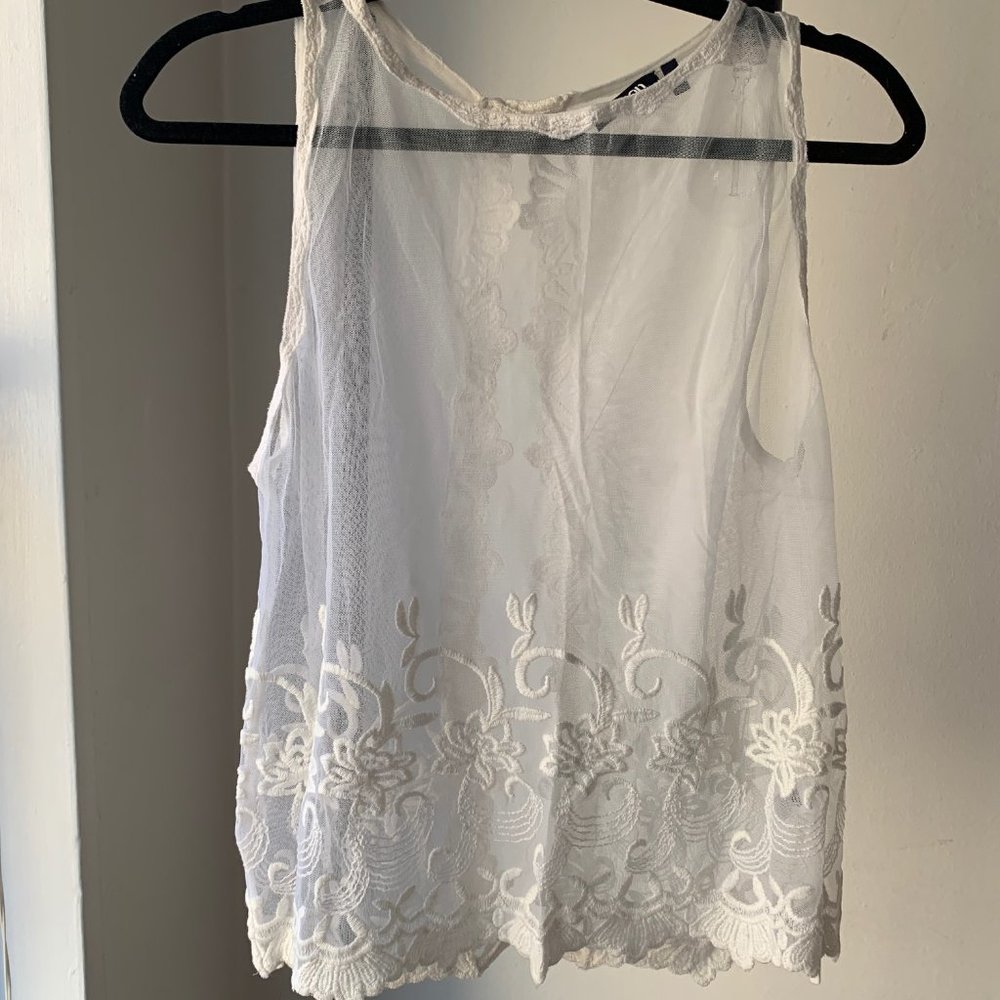 Ivory Embroidery and Mesh Overlay Top